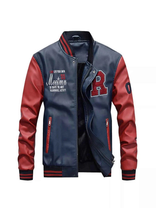 Men's Plus Size Color Block Zip Up Leather Jacket