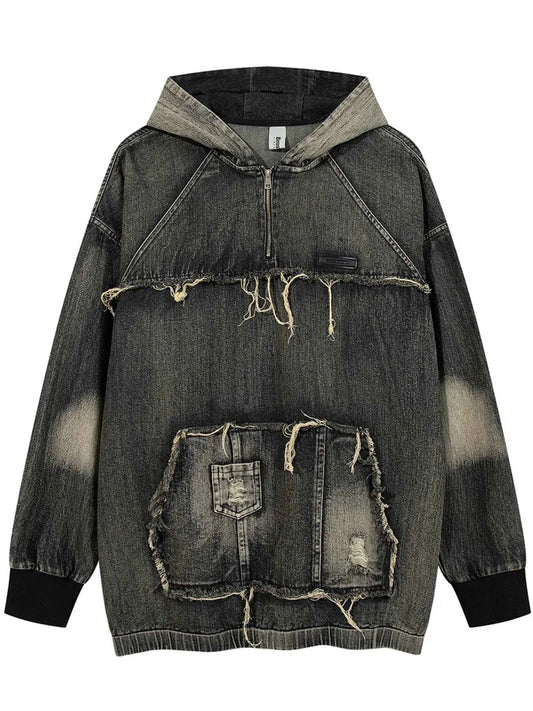 Men's Distressed Denim Patchwork Oversized Hoodie with Frayed Details