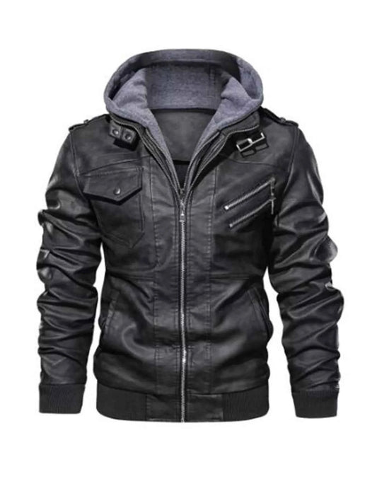 Men's Full Size Hooded Faux Leather Moto Jacket Plus Size