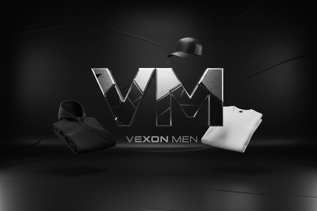 Create a premium 3D header banner for a men’s streetwear brand called "VEXON MEN". 
Use a bold black-and-white color palette with subtle dark grey and metallic silver accents. 
Put strong emphasis on a modern 3D “V” and “M” that look clean, sharp, and masculine.  
Add floating streetwear elements (black hoodie, minimalist t-shirt, fitted cap) with soft shadows for a premium look.  
Background should be glossy black with depth, smooth gradients, and subtle light reflections.  
Style must match a modern men’s